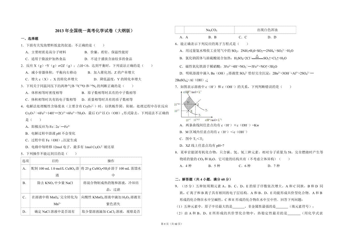2013年全国统一高考化学试卷（大纲版）（含解析版）