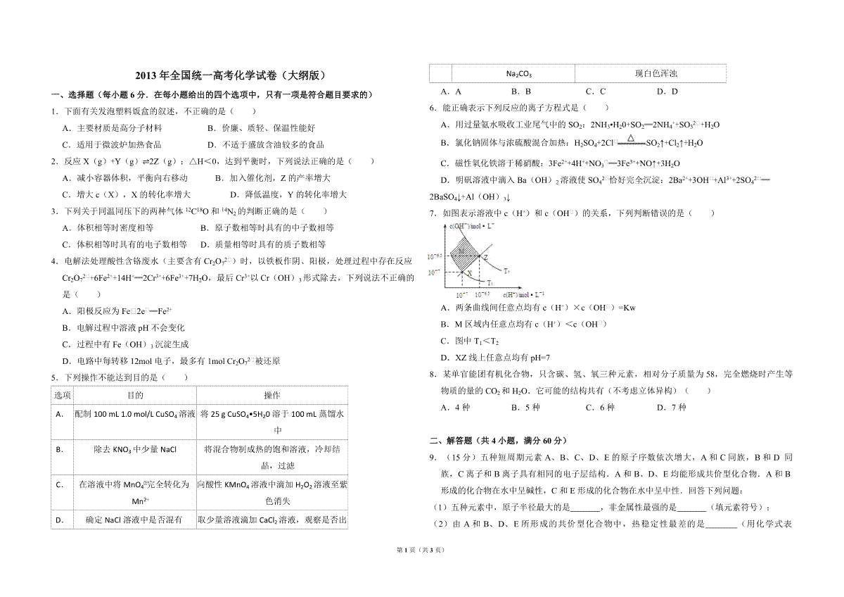 2013年全国统一高考化学试卷（大纲版）（原卷版）