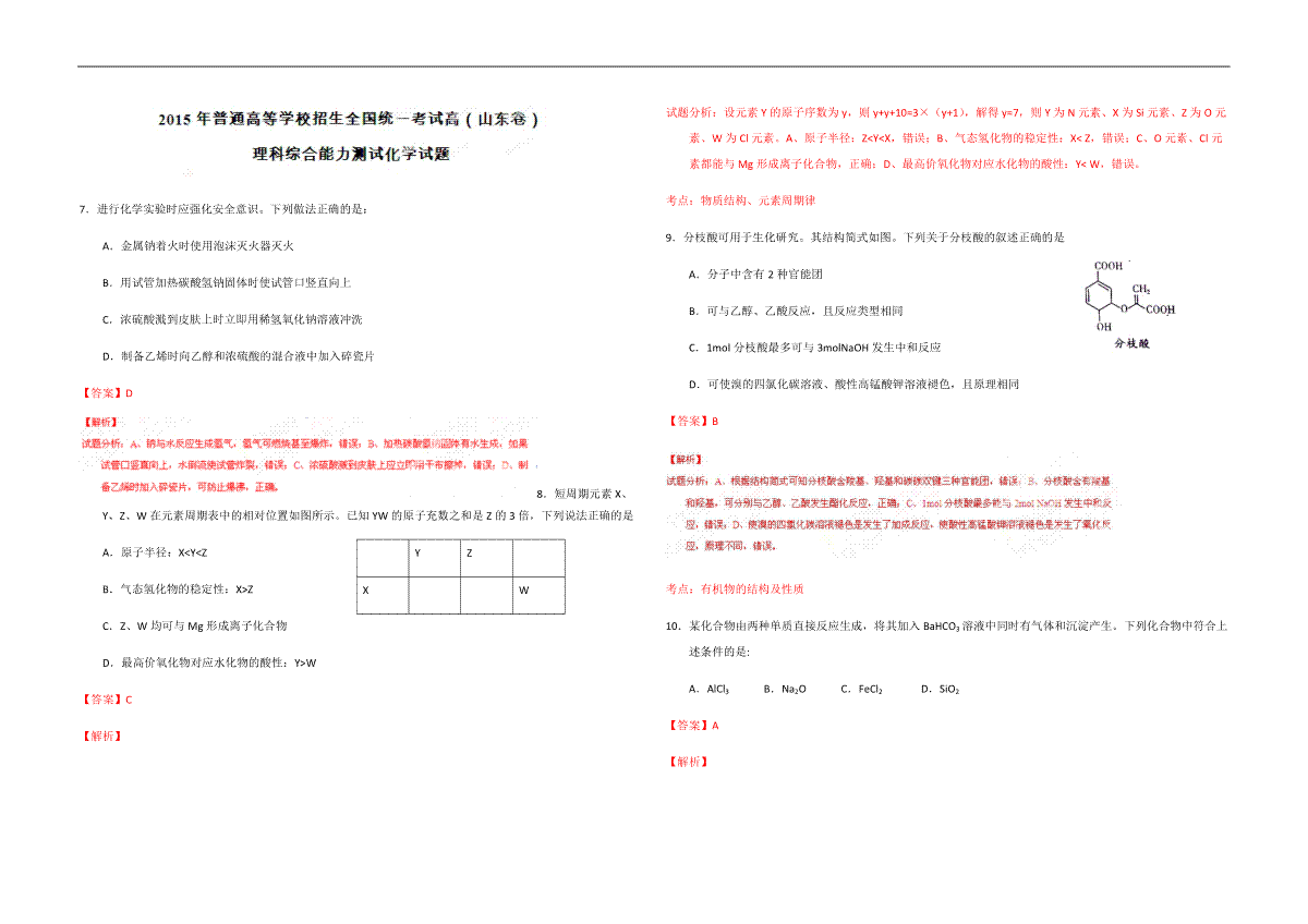2015年高考真题 化学(山东卷)（含解析版）