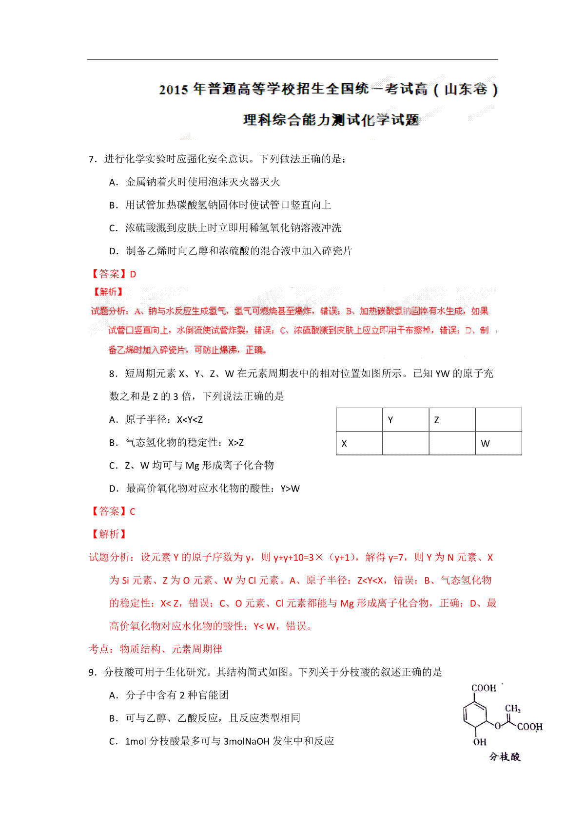 2015年高考真题 化学(山东卷)（含解析版）