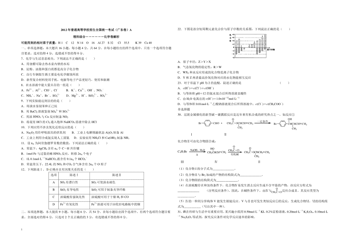 2012年广东高考化学（原卷版）