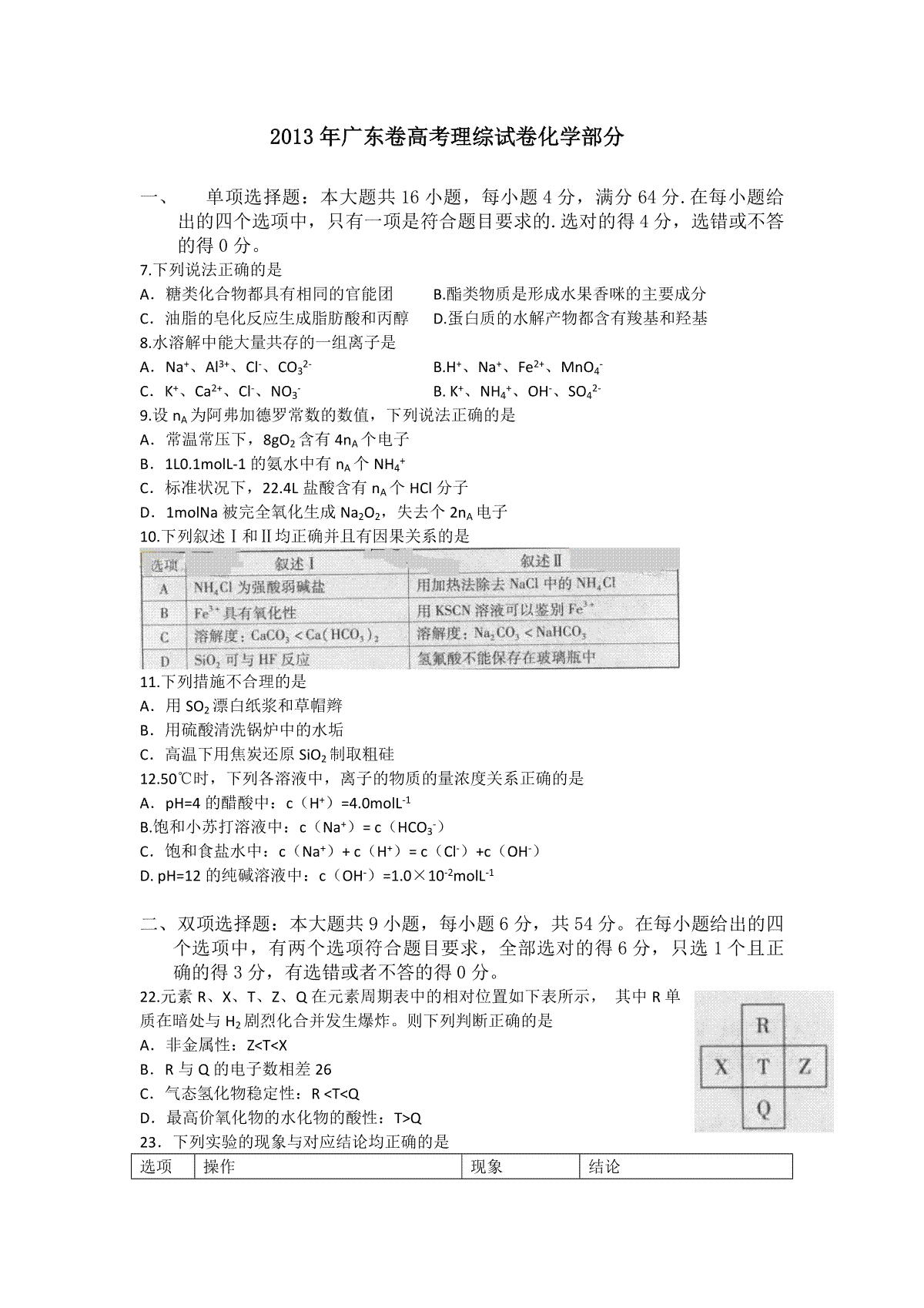 2013年广东高考化学试题及答案