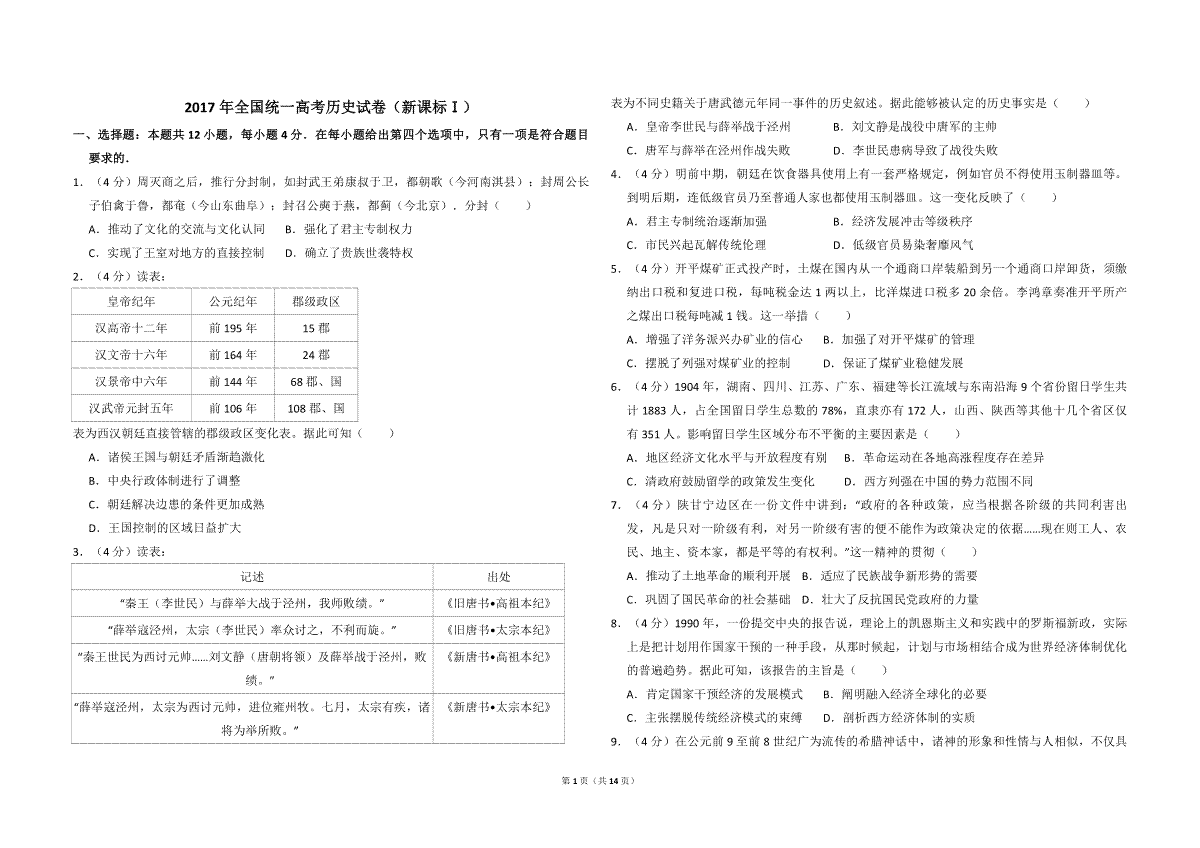 2017年全国统一高考历史试卷（新课标ⅰ）（含解析版）