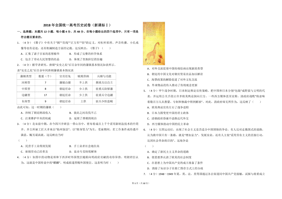2018年全国统一高考历史试卷（新课标ⅰ）（含解析版）