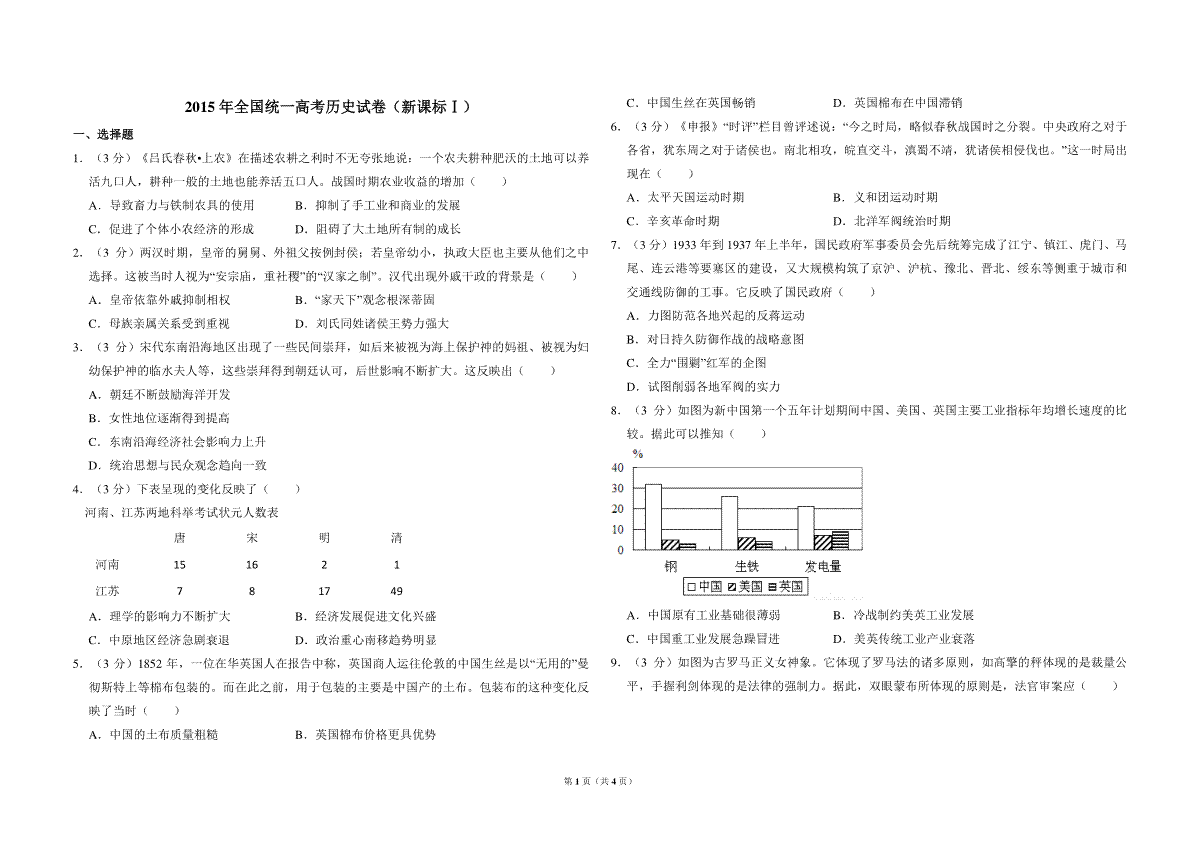2015年全国统一高考历史试卷（新课标ⅰ）（原卷版）