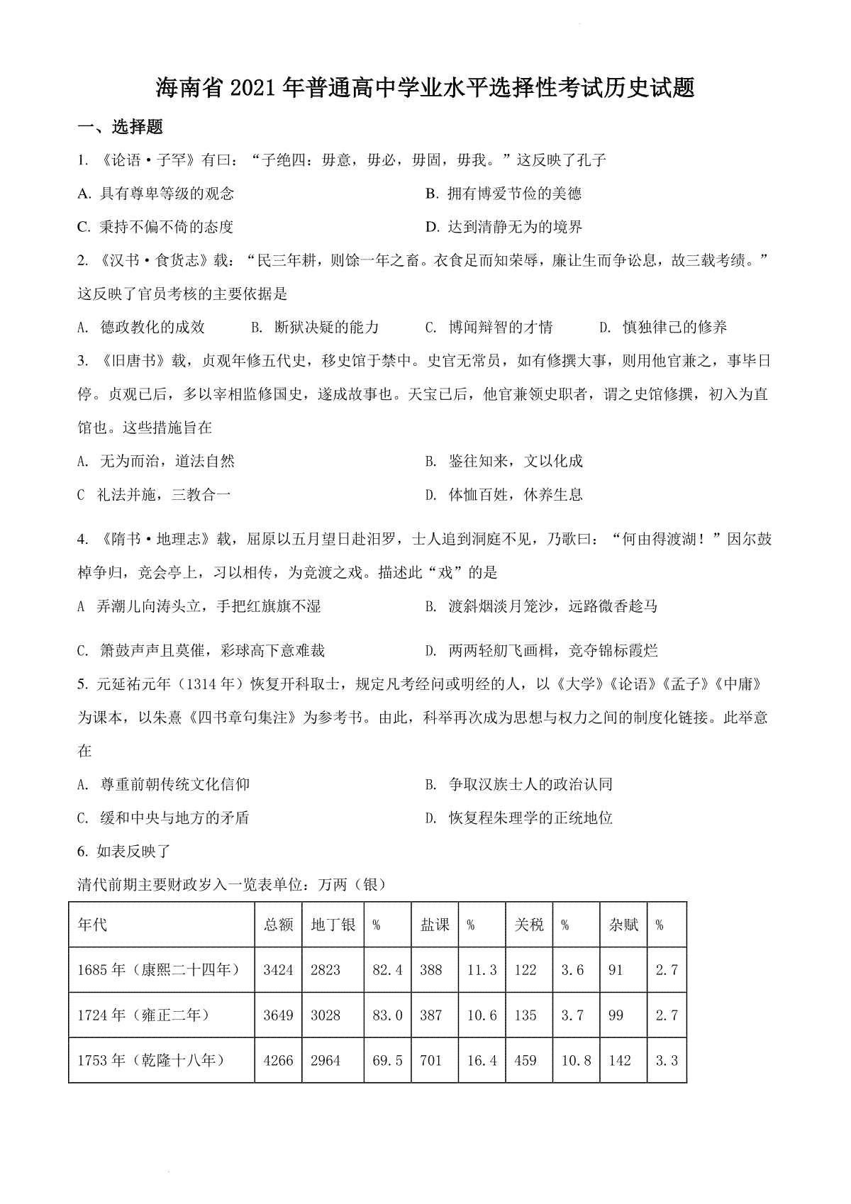精品解析：2021年新高考海南历史高考真题（原卷版）