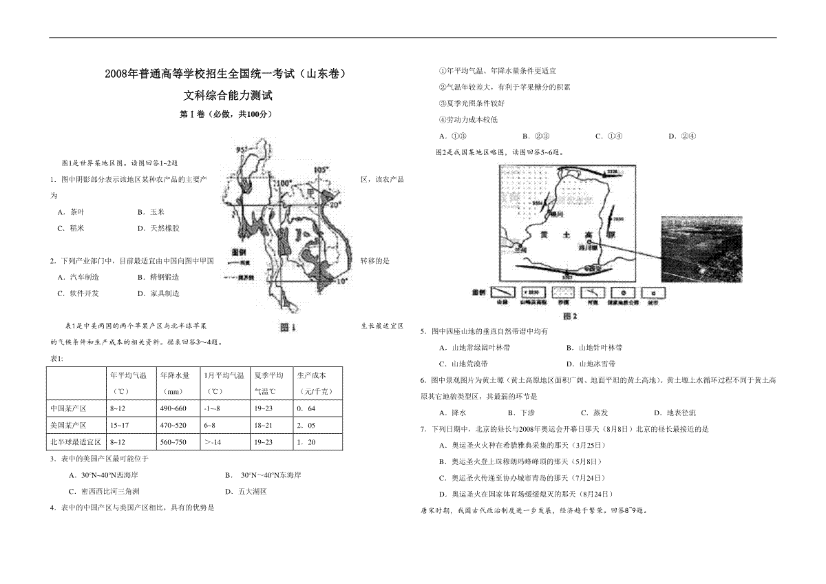 2008年高考真题 地理(山东卷)（含解析版）
