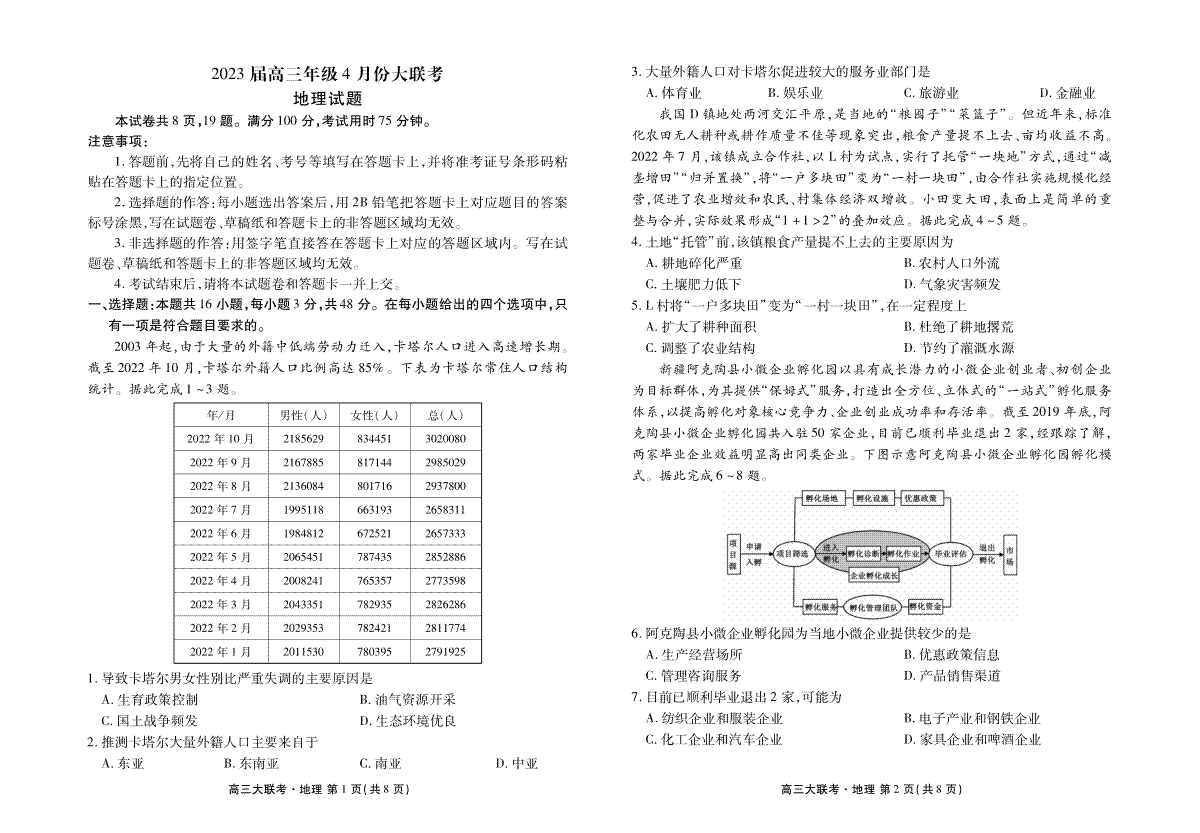 2023届高三年级4月份大联考地理正文