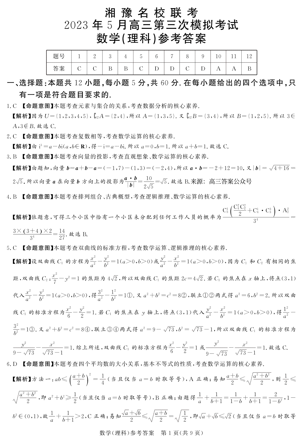 2023.5湘豫名校联考理数参考答案