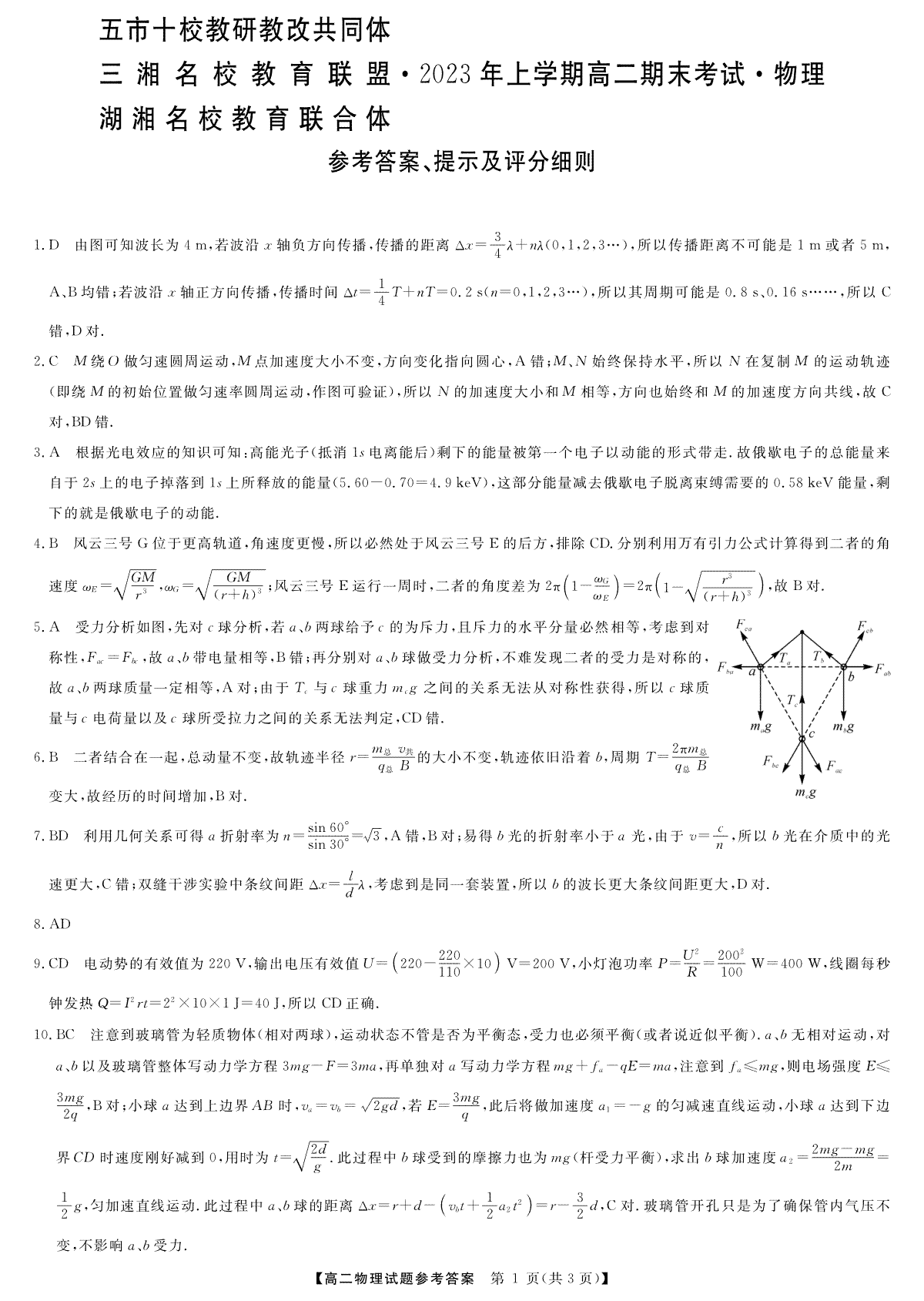 2023三湘名校高二期末高二物理答案