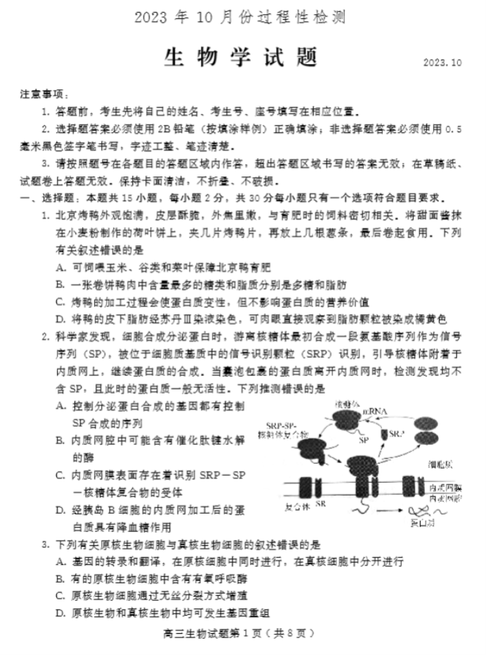 山东潍坊2024高三10月过程性检测生物试题及答案解析