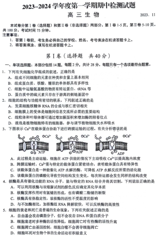 江苏扬州2024高三上学期11月期中测试生物试题及答案解析