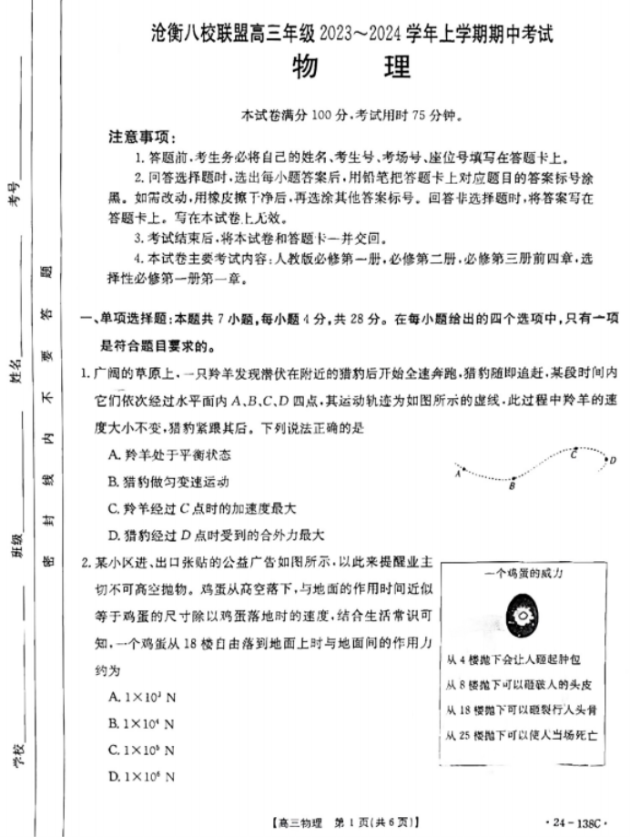 河北沧衡八校联盟2024高三11月期中考物理试题及答案解析