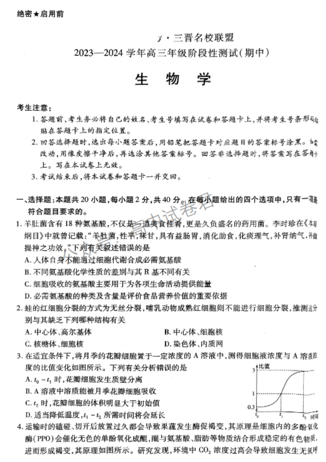 山西省三晋名校联盟2024高三期中联考生物试题及答案解析