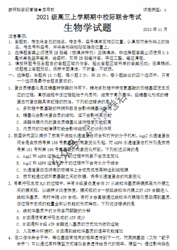 山东省日照市2024高三期中校际联考生物试题及答案解析
