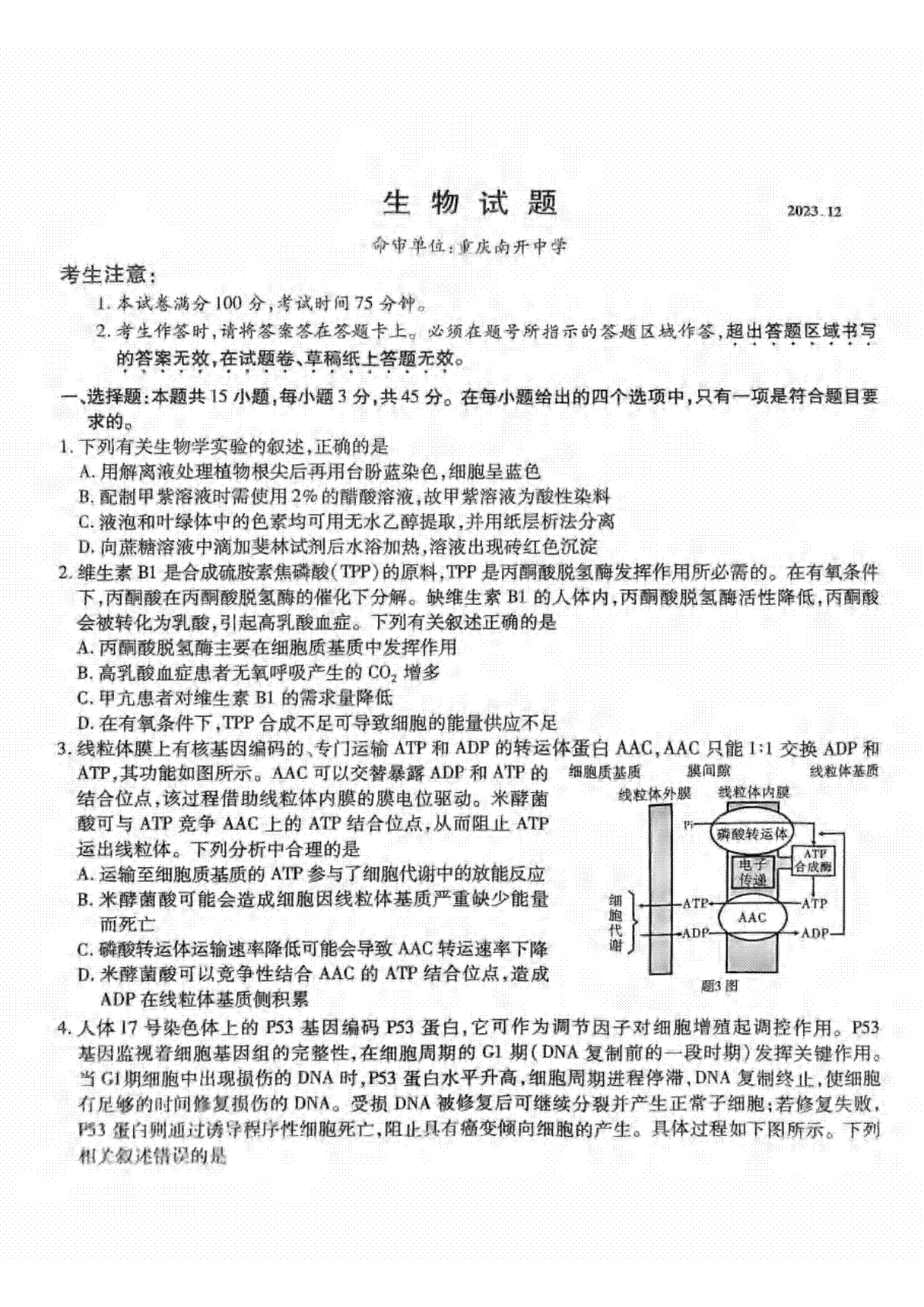 重庆市南开中学校2023-2024学年高三上学期第四次质量检测生物试题