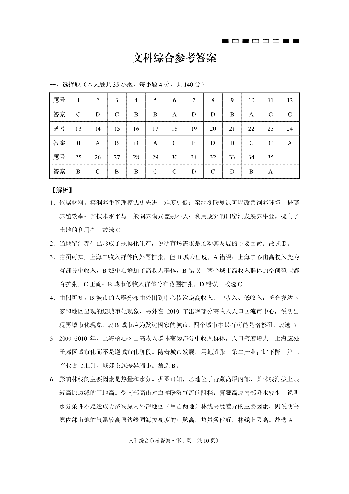 云南师大附中2024届高考适应性月考卷（六）文综-答案