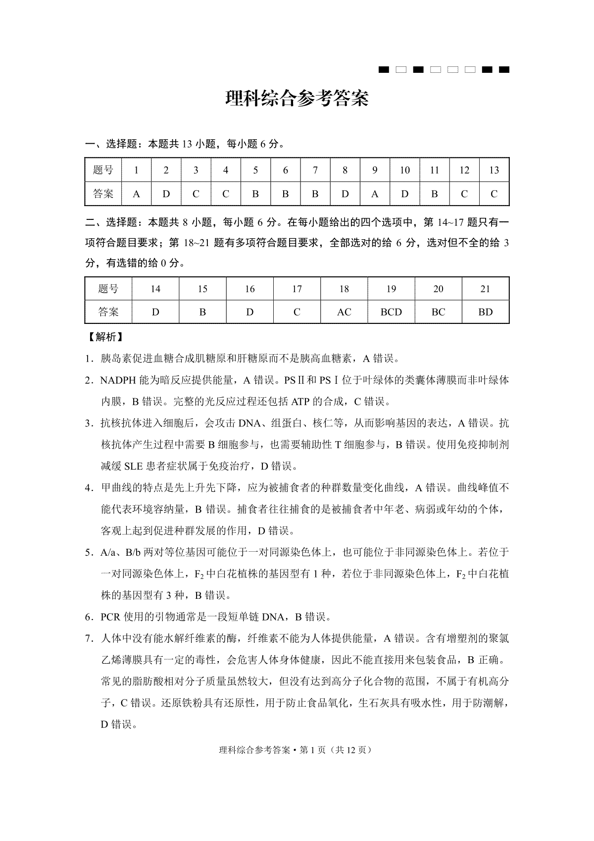 云南师大附中2024届高考适应性月考卷（六）理综-答案
