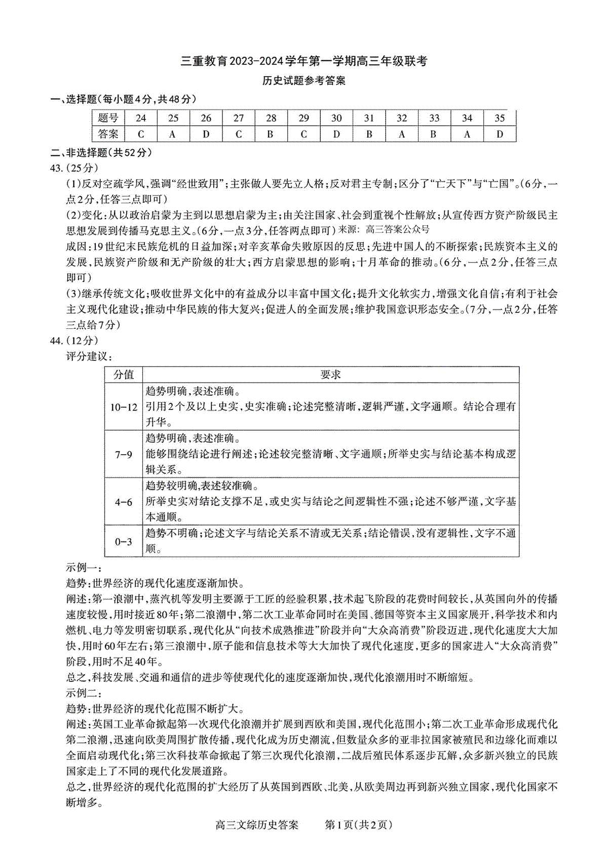 三重教育2024届高三12月历史答案