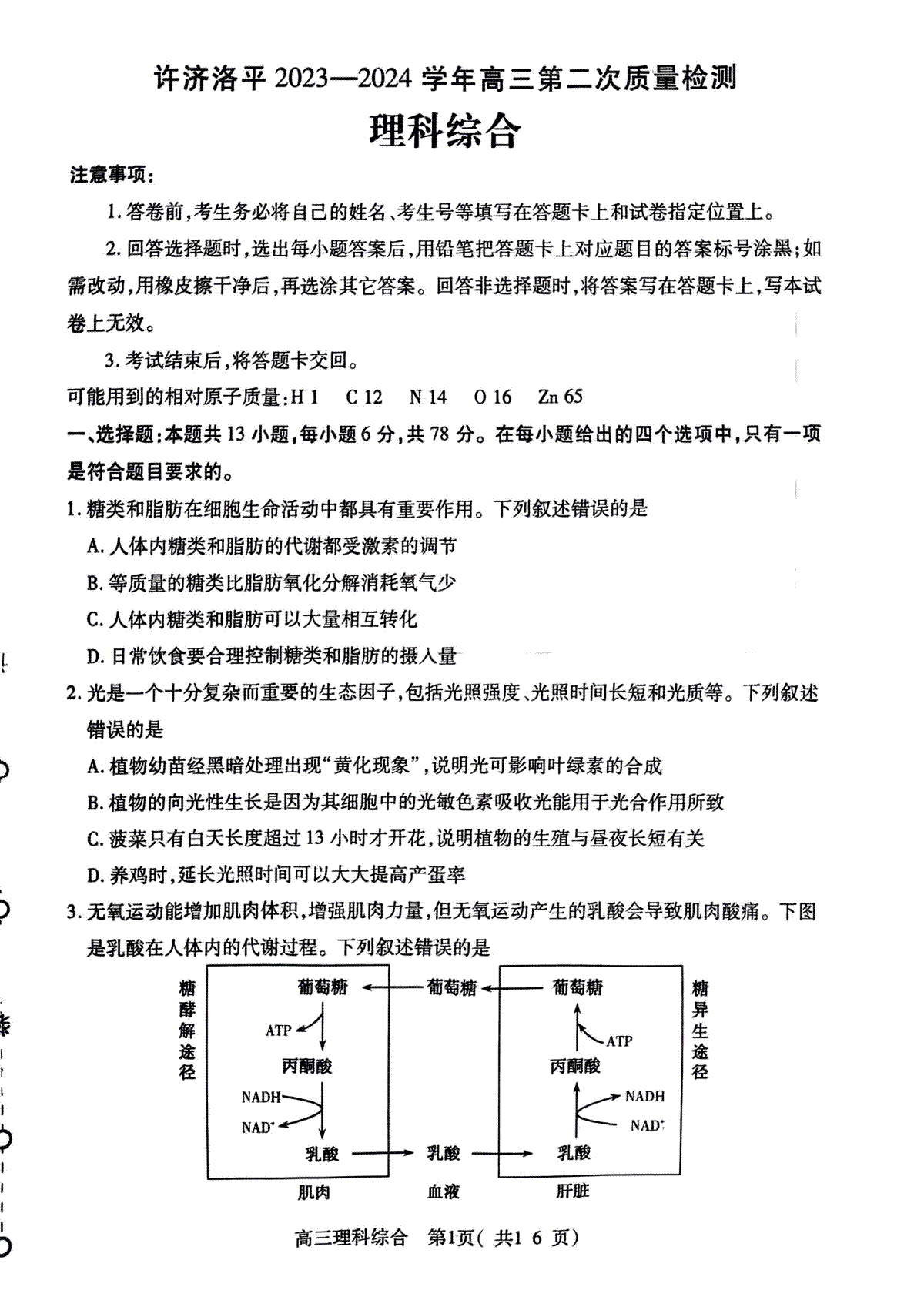 2024届河南省许洛平济四市高三上学期二模理科综合