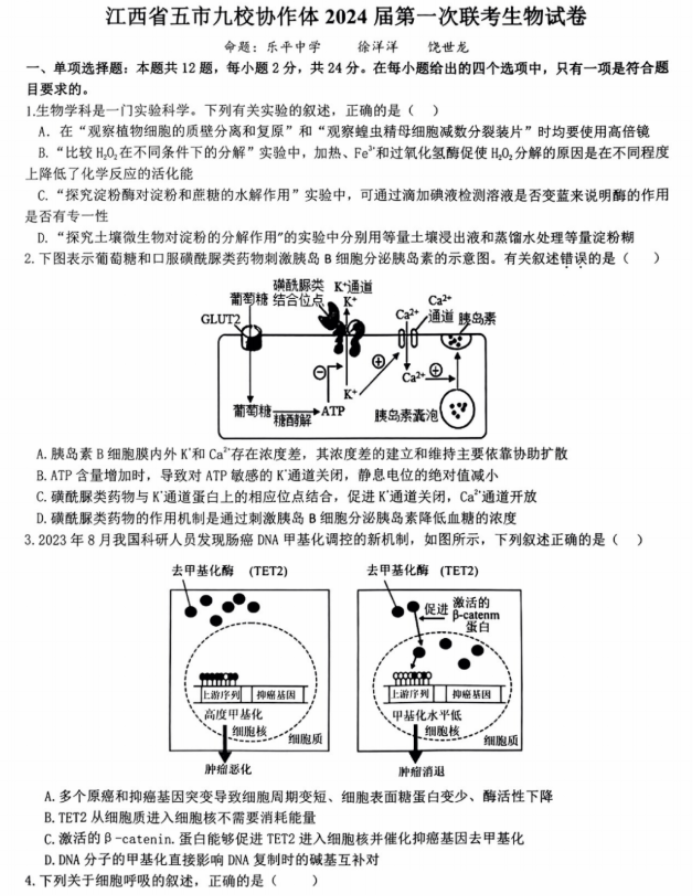 江西省五市九校协作体2024高三第一次联考生物试题及答案