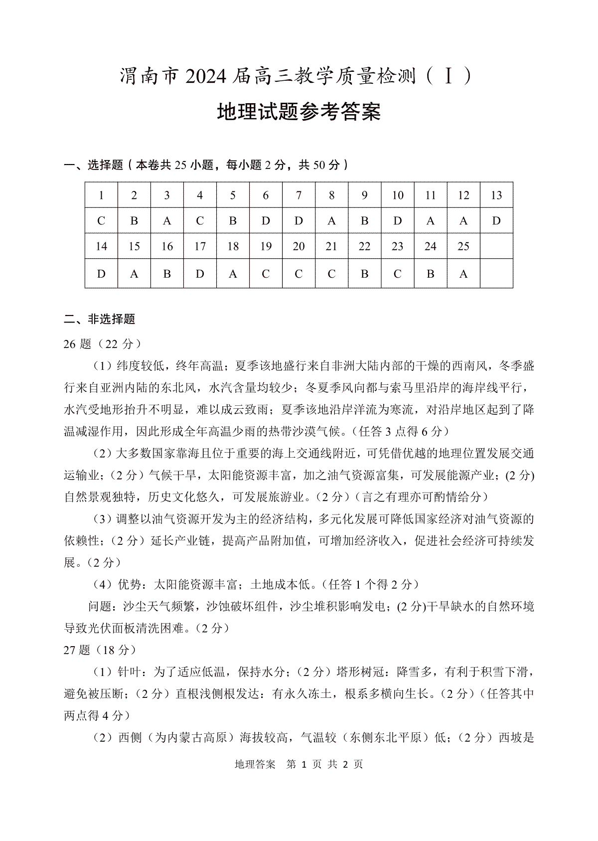陕西省渭南市2024届高三教学质量检测（一）（渭南一模）地理答案转曲2页