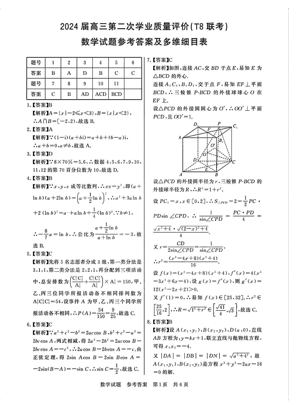 2024届八省八校T8联考高三第二次学业质量评价数学试题参考答案及多维细目表