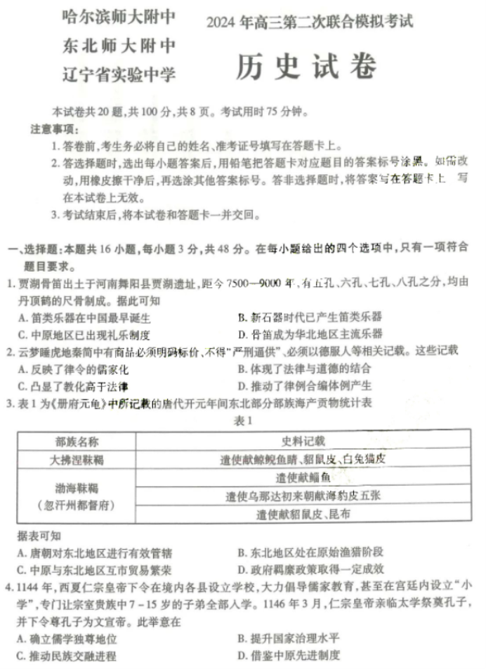 东北三省三校2024高三二模考试历史试题及答案解析