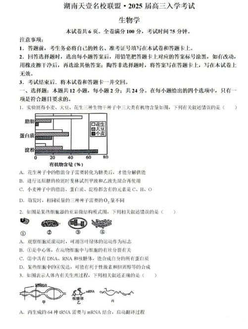 湖南天壹名校联盟2025届高三8月入学联考生物试题及答案解析